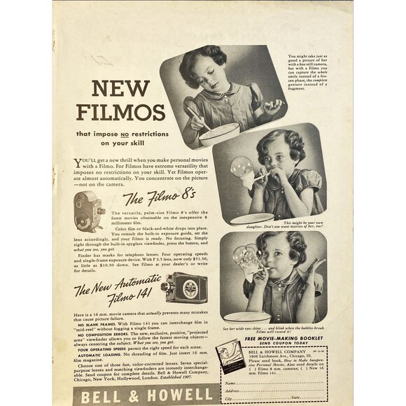 Bell & Howell "Filmo Movie Cameras: Sequence Photos Girl Blowing Bubbles"Ad 1938 - Picture 1 of 3